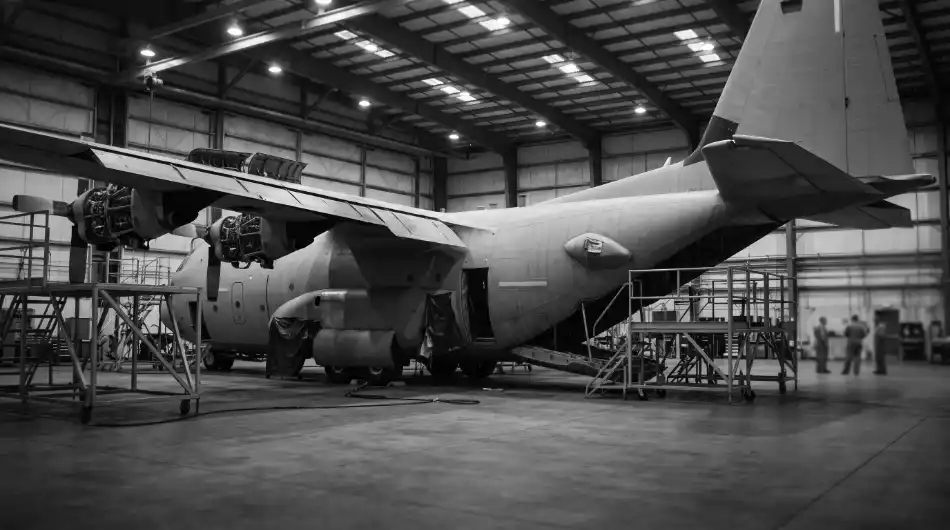 Partially disassembled transport aircraft inside a maintenance hangar